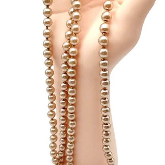 Vintage Long Champagne Faux Pearl Necklace Heavy Hand Knotted Single Strand Bead - Picture 4 of 16